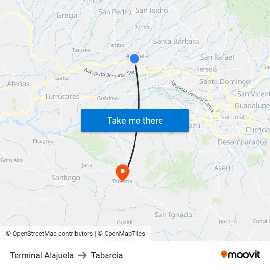 Terminal Alajuela to Tabarcia map