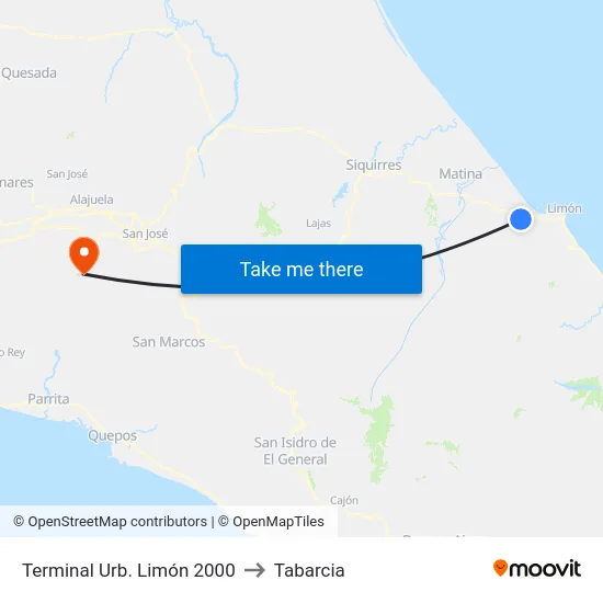Terminal Urb. Limón 2000 to Tabarcia map