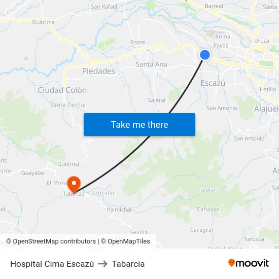 Hospital Cima Escazú to Tabarcia map