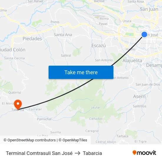 Terminal Comtrasuli San José to Tabarcia map