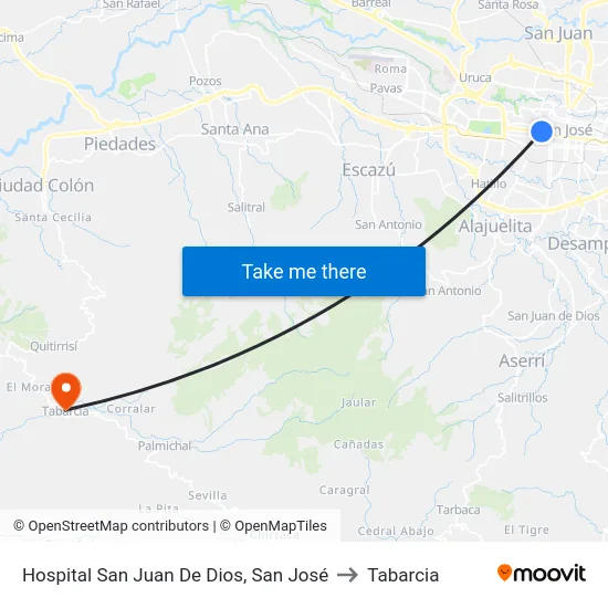 Hospital San Juan De Dios, San José to Tabarcia map