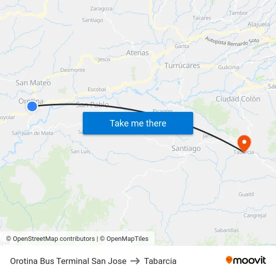 Orotina Bus Terminal San Jose to Tabarcia map