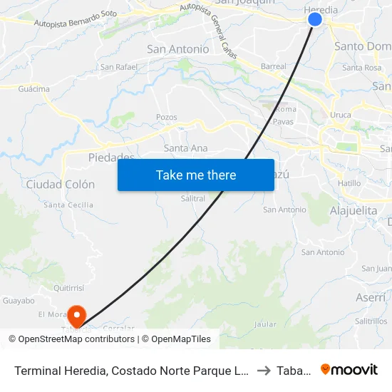 Terminal Heredia, Costado Norte Parque Los Ángeles to Tabarcia map
