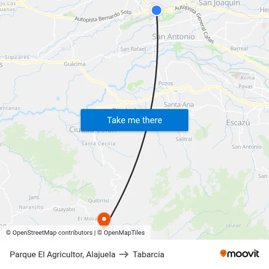 Parque El Agricultor, Alajuela to Tabarcia map