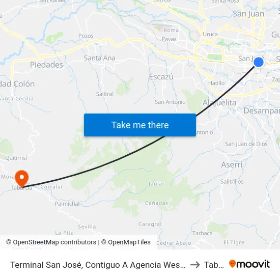 Terminal San José, Contiguo A Agencia Western Union Avenida Segunda to Tabarcia map