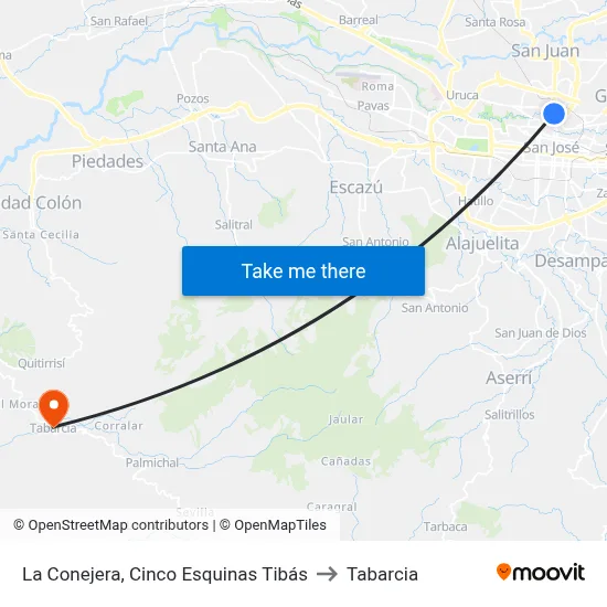 La Conejera, Cinco Esquinas Tibás to Tabarcia map