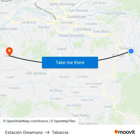 Estación Oreamuno to Tabarcia map