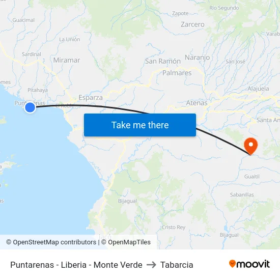 Puntarenas - Liberia - Monte Verde to Tabarcia map