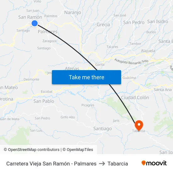 Carretera Vieja San Ramón - Palmares to Tabarcia map