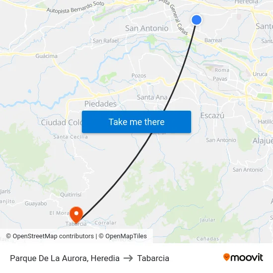 Parque De La Aurora, Heredia to Tabarcia map