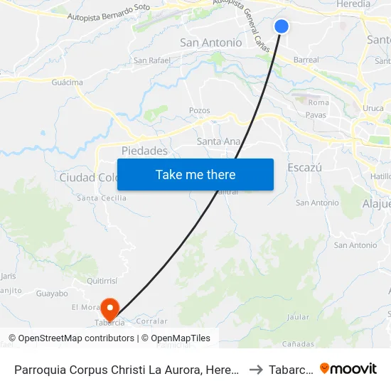 Parroquia Corpus Christi La Aurora, Heredia to Tabarcia map