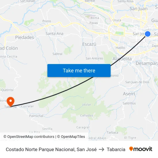 Costado Norte Parque Nacional, San José to Tabarcia map