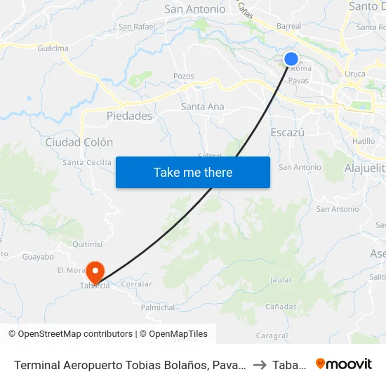 Terminal Aeropuerto Tobias Bolaños, Pavas San José to Tabarcia map