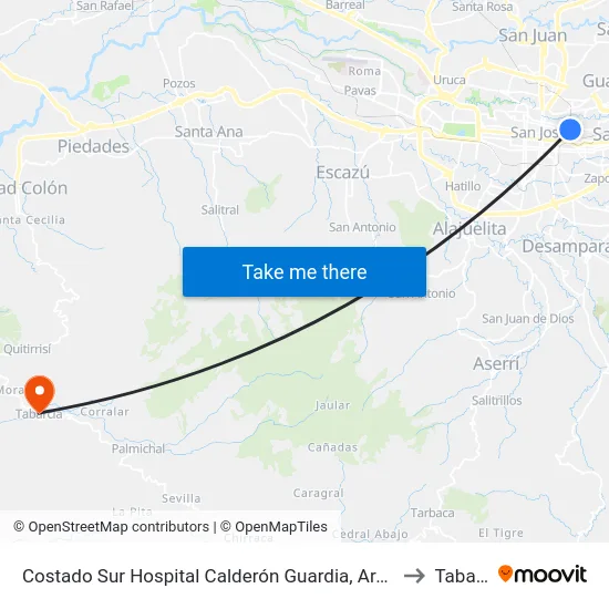 Costado Sur Hospital Calderón Guardia, Aranjuez San José to Tabarcia map