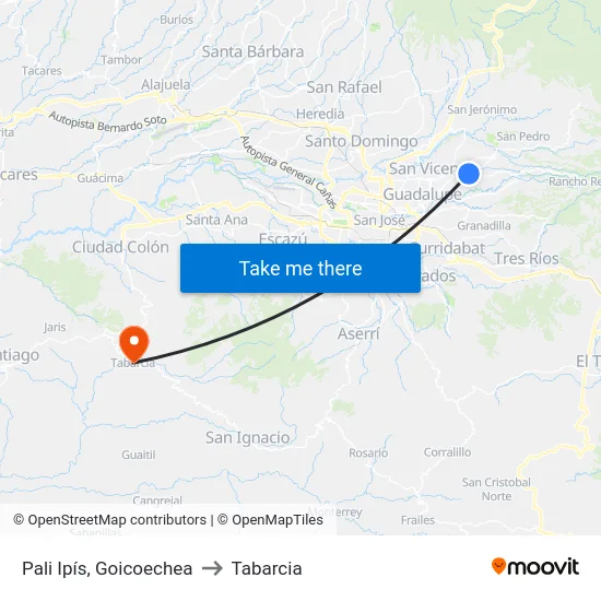 Pali Ipís, Goicoechea to Tabarcia map