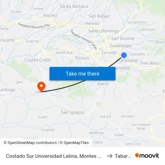 Costado Sur Universidad Latina, Montes De Oca to Tabarcia map