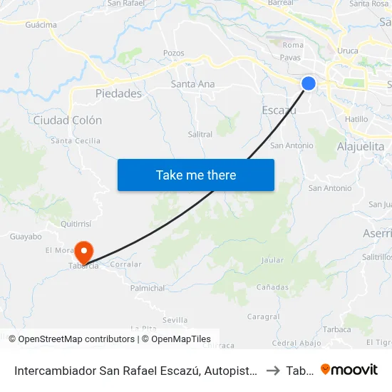 Intercambiador San Rafael Escazú, Autopista Prospero Fernández Escazú to Tabarcia map