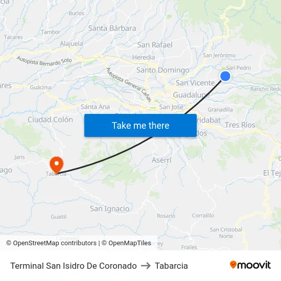Terminal San Isidro De Coronado to Tabarcia map