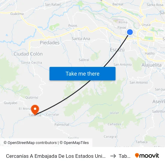Cercanías A Embajada De Los Estados Unidos, Pavas San José to Tabarcia map
