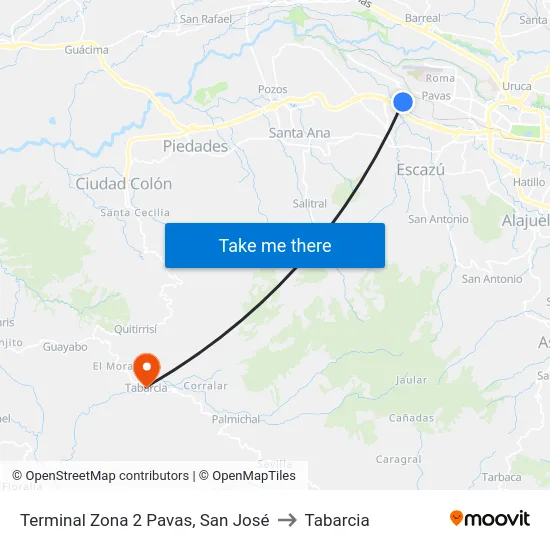 Terminal Zona 2 Pavas, San José to Tabarcia map