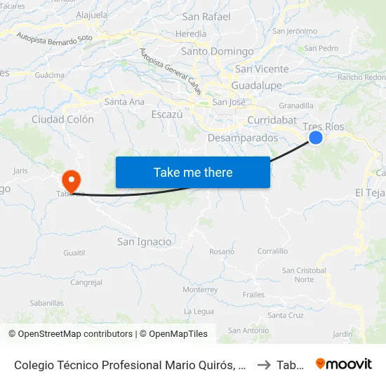 Colegio Técnico Profesional Mario Quirós, Tres Ríos La Unión to Tabarcia map