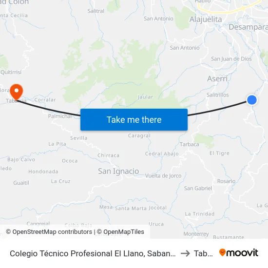 Colegio Técnico Profesional El Llano, Sabanillas De Desamparados to Tabarcia map