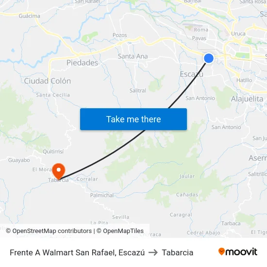 Frente A Walmart San Rafael, Escazú to Tabarcia map