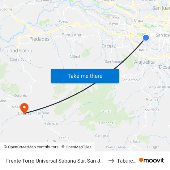 Frente Torre Universal Sabana Sur, San José to Tabarcia map