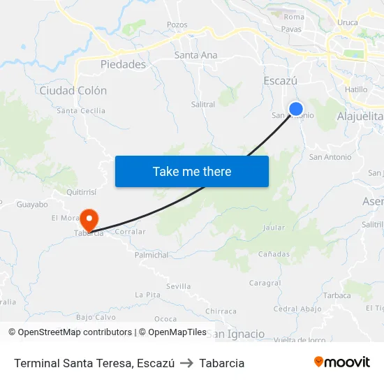 Terminal Santa Teresa, Escazú to Tabarcia map