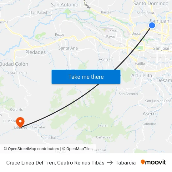 Cruce Línea Del Tren, Cuatro Reinas Tibás to Tabarcia map