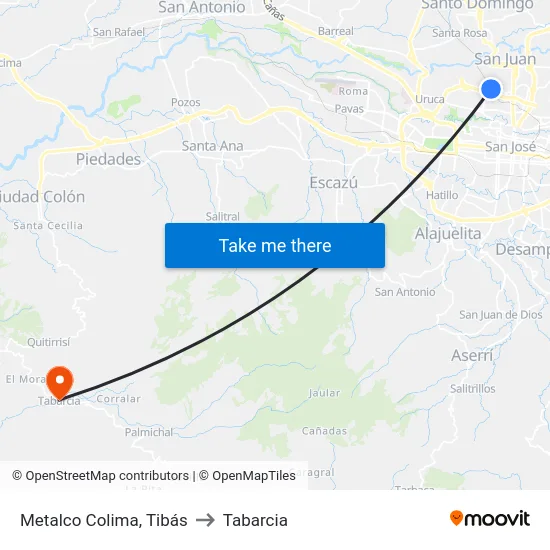 Metalco Colima, Tibás to Tabarcia map