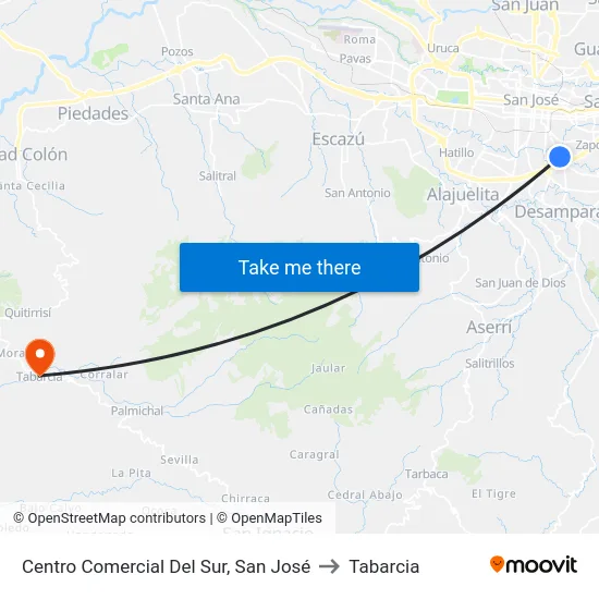 Costado Oeste Del Centro Comercial Del Sur, San José to Tabarcia map