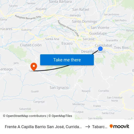 Frente A Capilla Barrio San José, Curridabat to Tabarcia map
