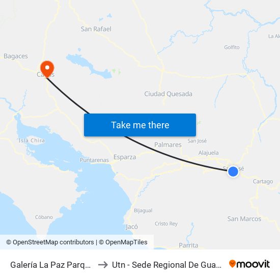 Galería La Paz Parque Central, San José to Utn - Sede Regional De Guanacaste - Recinto Corobicí map