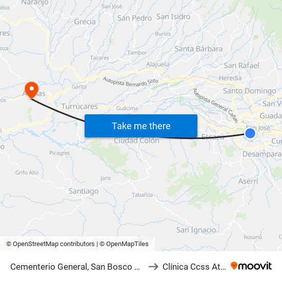 Cementerio General, San Bosco San José to Clínica Ccss Atenas map