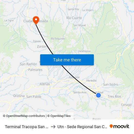 Terminal Tracopa San José to Utn - Sede Regional San Carlos map