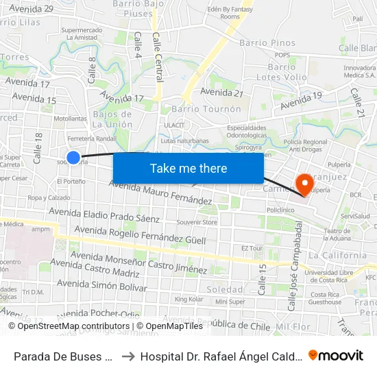 Parada De Buses Ryozumo to Hospital Dr. Rafael Ángel Calderón Guardia map