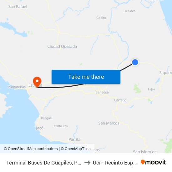 Terminal Buses De Guápiles, Pococí to Ucr - Recinto Esparza map