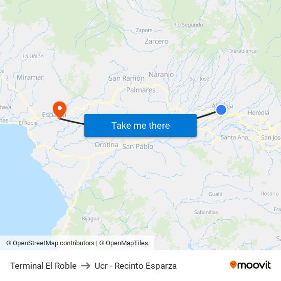 Terminal El Roble to Ucr - Recinto Esparza map