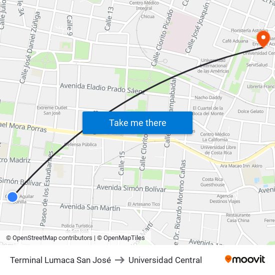 Terminal Lumaca San José to Universidad Central map