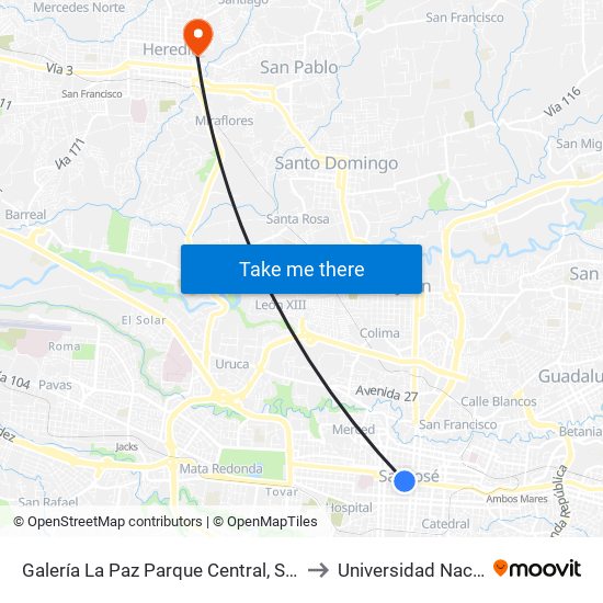Galería La Paz Parque Central, San José to Universidad Nacional map