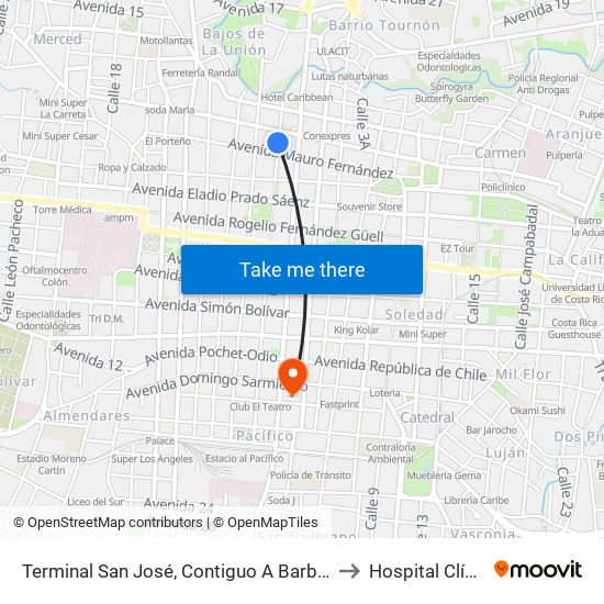 Terminal San José, Contiguo A Barbería Clubman Barbershop to Hospital Clínica Bíblica map