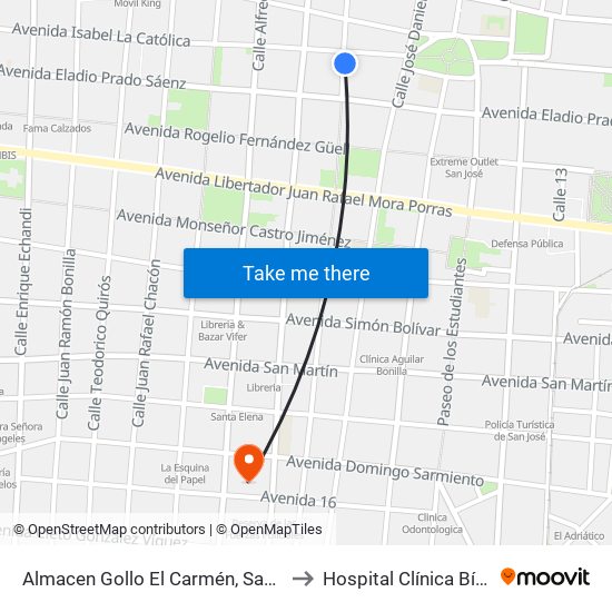 Almacen Gollo El Carmén, San José to Hospital Clínica Bíblica map