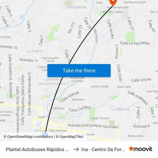 Plantel Autobuses Rápidos Heredianos, Pirro Heredia to Ina - Centro De Formación San Rafael map