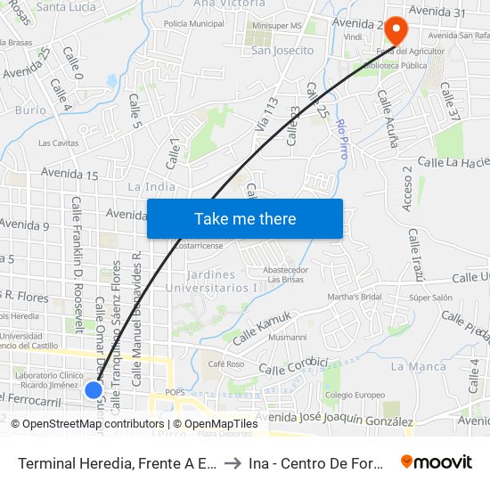 Terminal Heredia, Frente A Escuela Braulio Morales to Ina - Centro De Formación San Rafael map