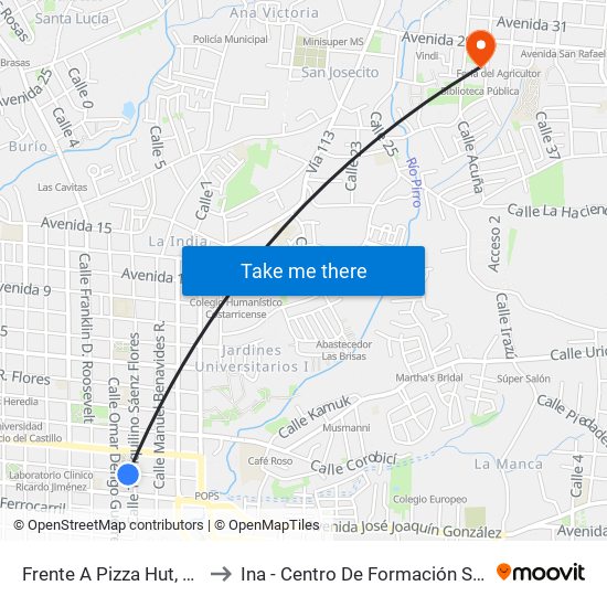 Frente A Pizza Hut, Heredia to Ina - Centro De Formación San Rafael map