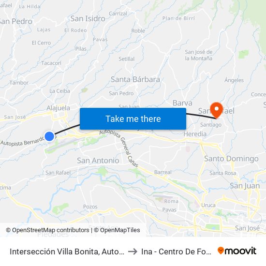 Intersección Villa Bonita, Autopista Bernardo Soto Alajuela to Ina - Centro De Formación San Rafael map