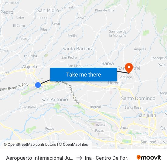 Aeropuerto Internacional Juan Santamaría, Alajuela to Ina - Centro De Formación San Rafael map