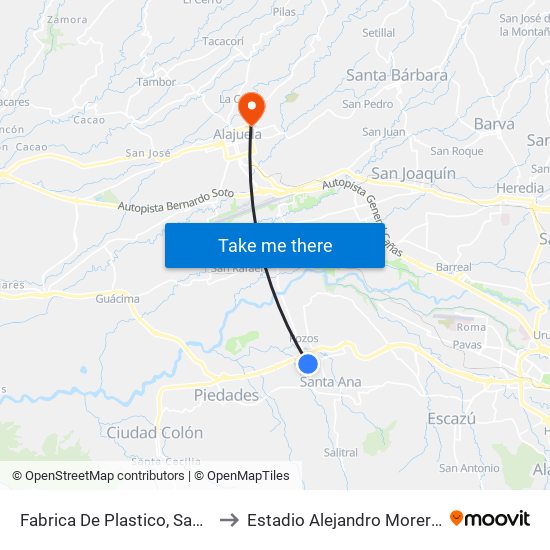 Fabrica De Plastico, Santa Ana to Estadio Alejandro Morera Soto map