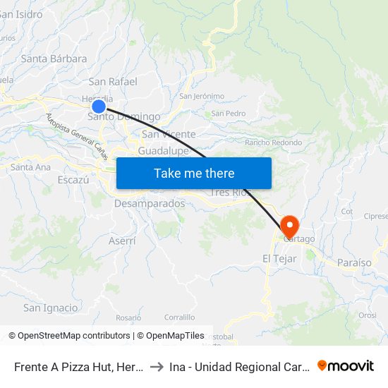 Frente A Pizza Hut, Heredia to Ina - Unidad Regional Cartago map